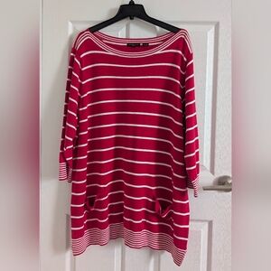 Jeanne Pierre 100% Cotton Red White Striped Tunic Sweater Pockets 3X